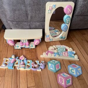 Vintage Baby Nursery Decor Set Wall Art Mirror Shelf Blocks ABC Theme Homco